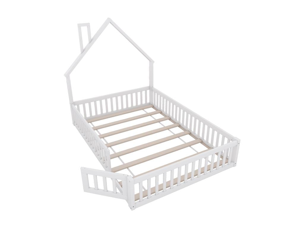 Lit enfant 140x200 cm en bois de pin avec barrières de protection et porte sommier à Homelumiere inclus blanc