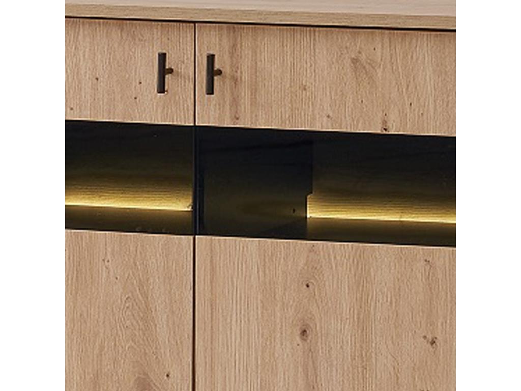 Buffet bas - Décor chêne Homelumiere et noir - 3 Portes en verre et panneaux de particules - L 140 x H 78 x P 41 cm