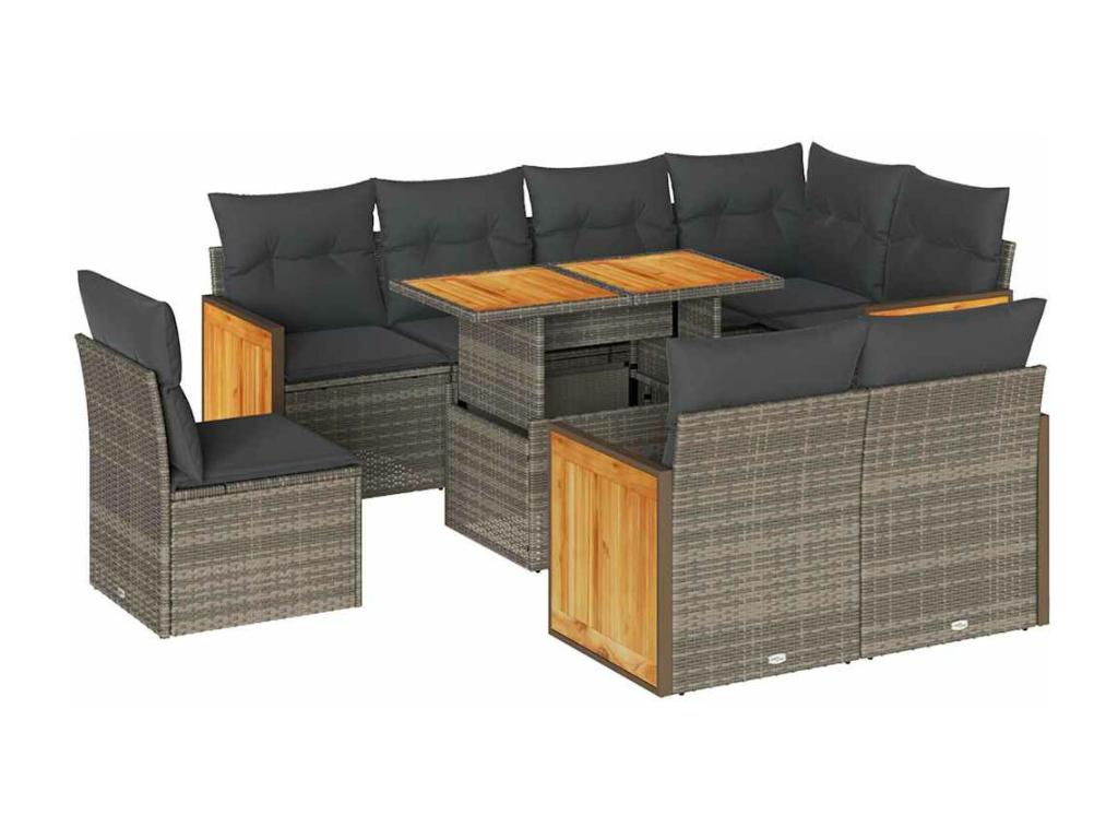 Salon de jardin avec coussins 9 pcs gris résine tressée Homelumiere