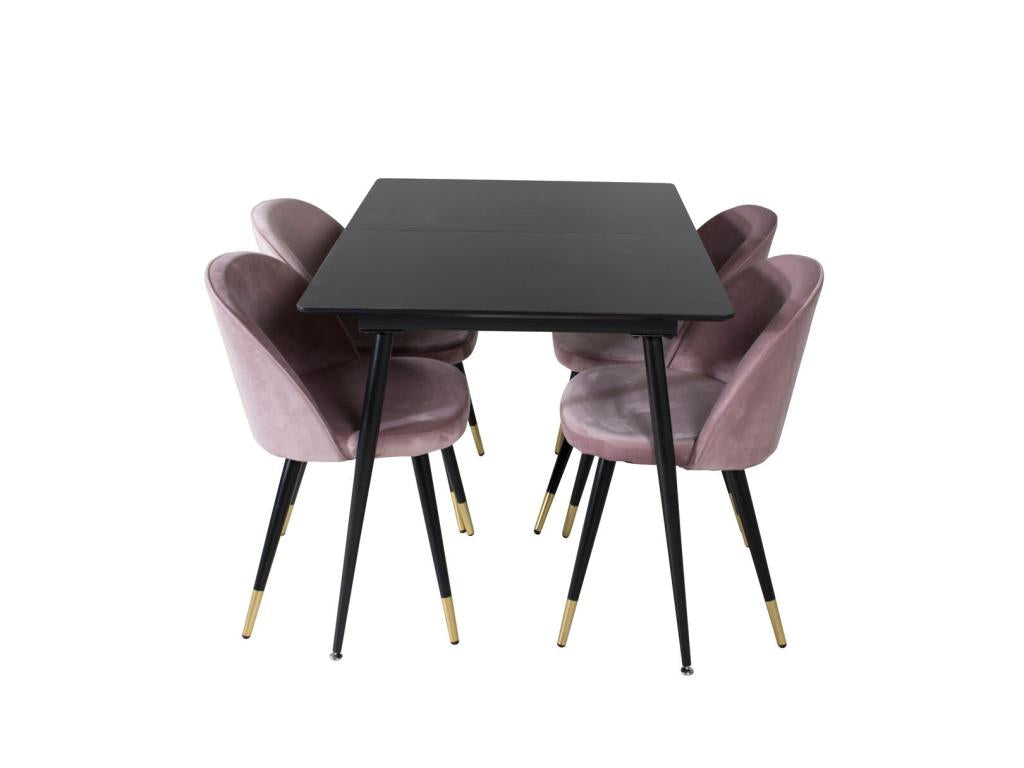 Homelumiere ensemble table table extensible longueur cm120/160 noir et 4 chaises Velvet Velours rose noir décor laiton.
