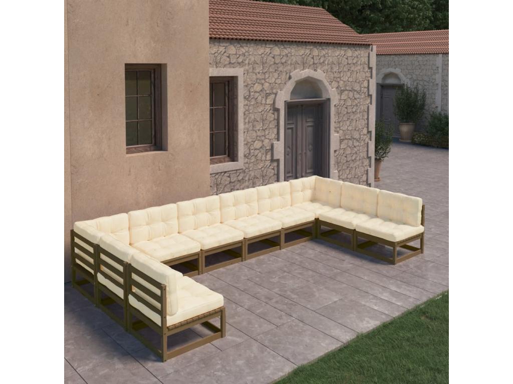 Salon de jardin 10 pièces avec coussins Marron miel Bois de pin