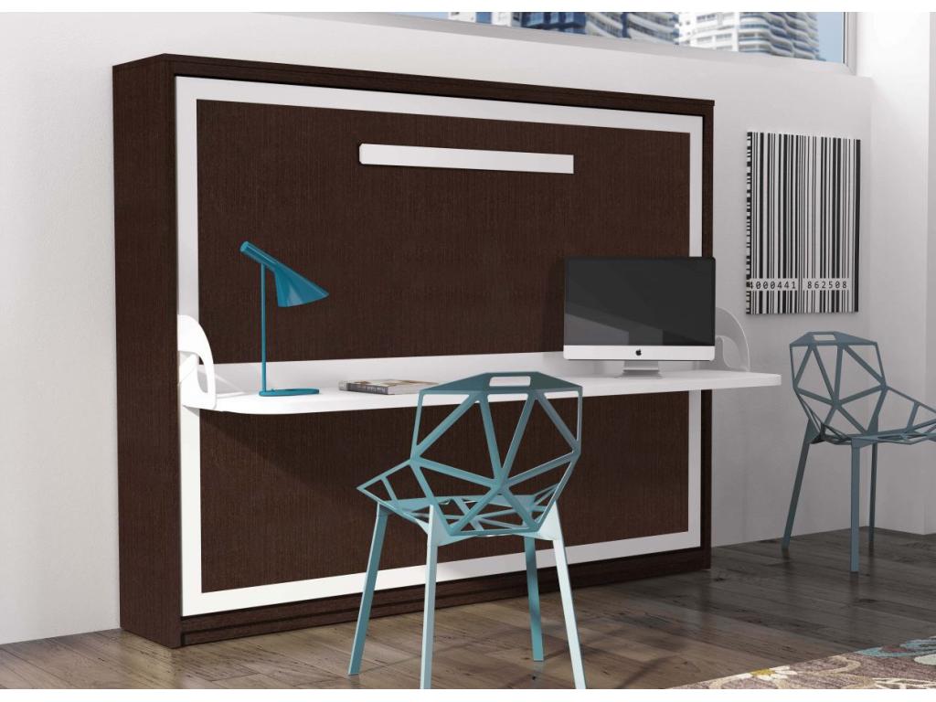 Lit escamotable avec bureau 90x200 chocolat P 35 Homelumiere