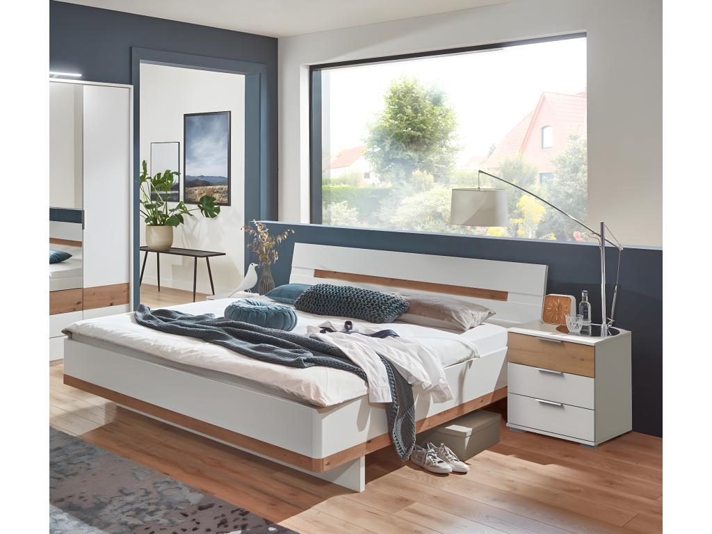 Lit adulte double 180x200cm Homelumiere Taille 2 chevets coloris blanc/imitation chêne Homelumiere