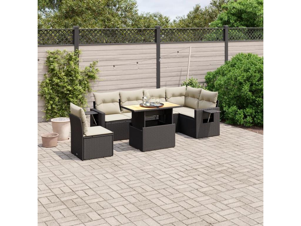 Salon de jardin 7 pcs avec coussins noir résine tressée