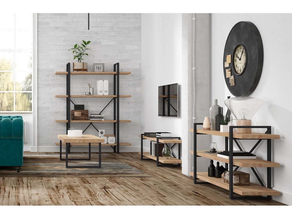 Meuble TV en bois coloris chêne nordique / noir - Longueur 150 x profondeur 36 x Hauteur 46 cm