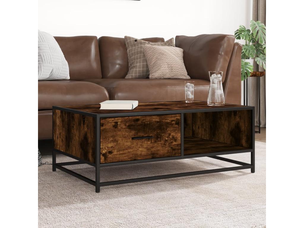 Table basse chêne fumé 90x57x35 cm bois d'ingénierie et métal