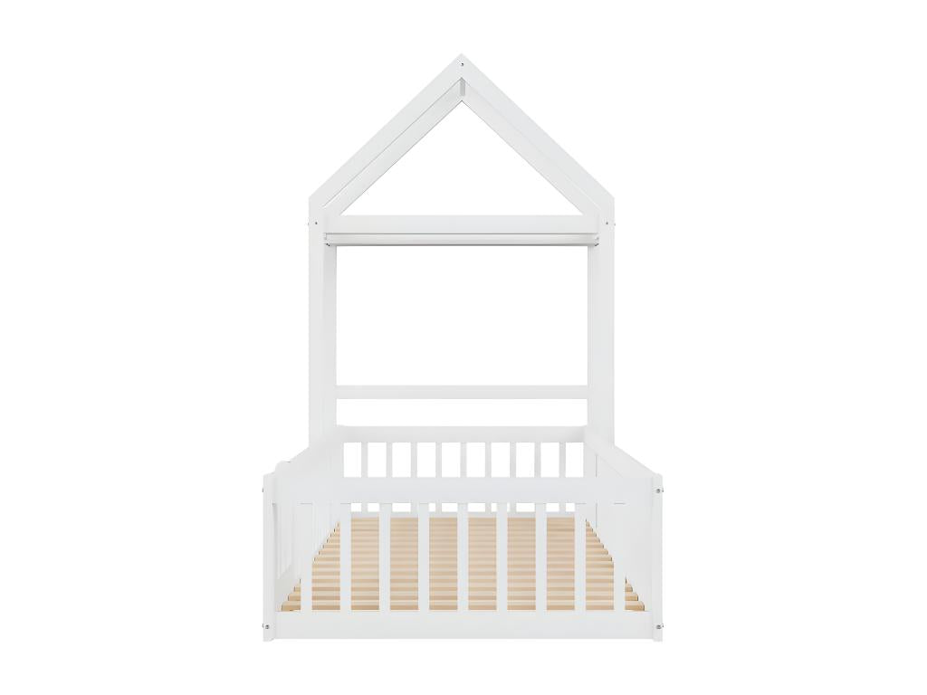 Lit enfant cabane 90x200cm en bois massif - avec tringle à vêtements - Blanc