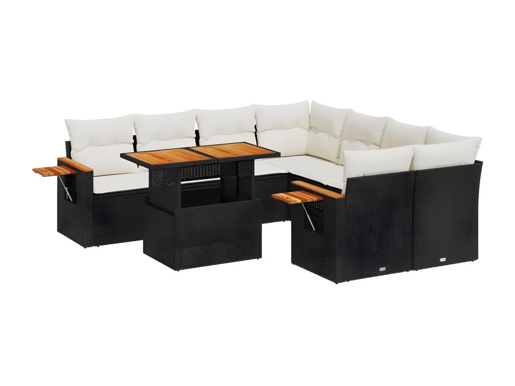 Salon de jardin 9 pcs avec coussins noir résine tressée