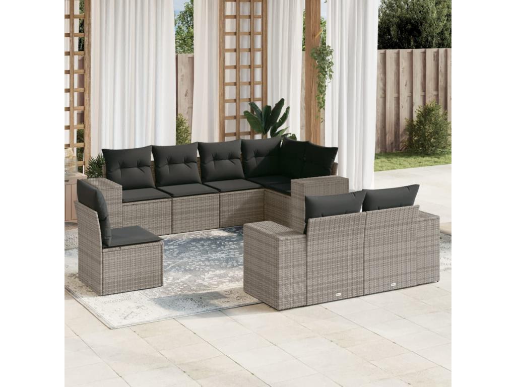 Salon de jardin 8 pcs avec coussins gris résine tressée