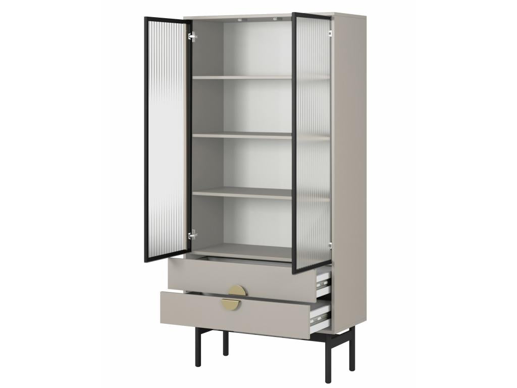 Vitrine haute - 85 cm - avec quatre étagères et tiroirs - Homelumiere gris-beige - Homelumiere
