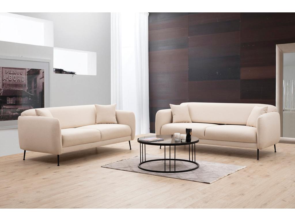 Canapé moderne 3 places tissu beige et pieds métal noir Homelumiere 214cm