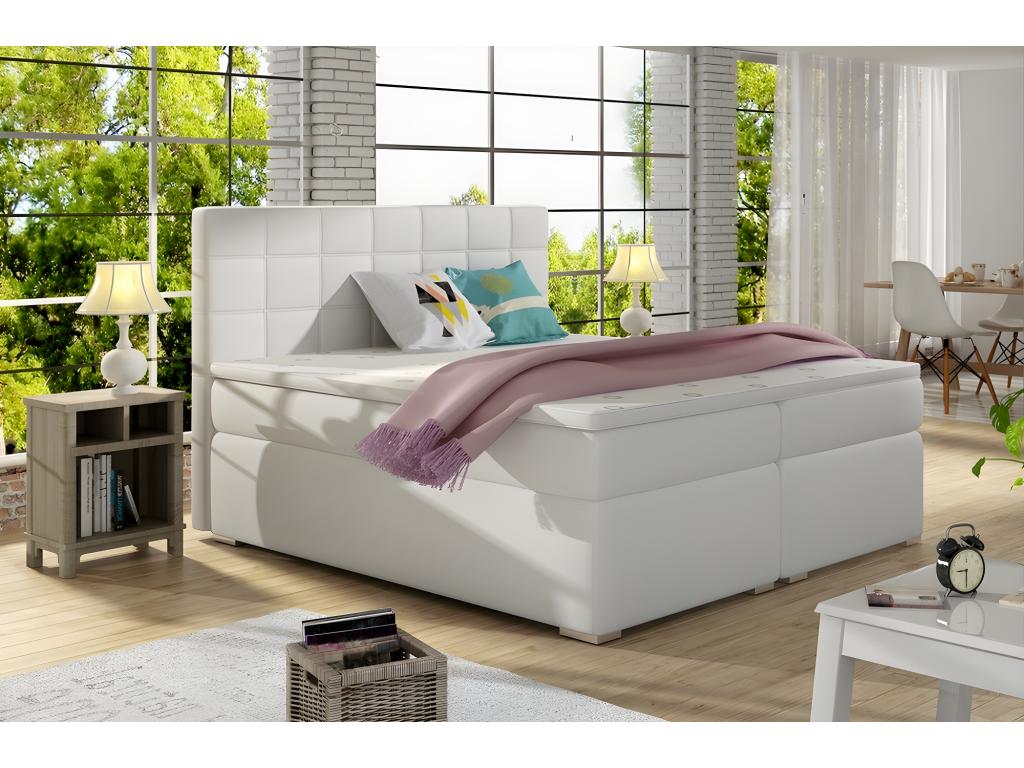 Ensemble boxspring complet tête de lit sommiers matelas surmatelas ALVEN - simili cuir blanc cassé - 160x200 cm 02710LZPO