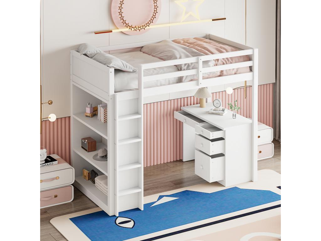 Lit mezzanine 90x200 cm avec bureau étagères de rangement tiroirs et échelle bois MDF blanc