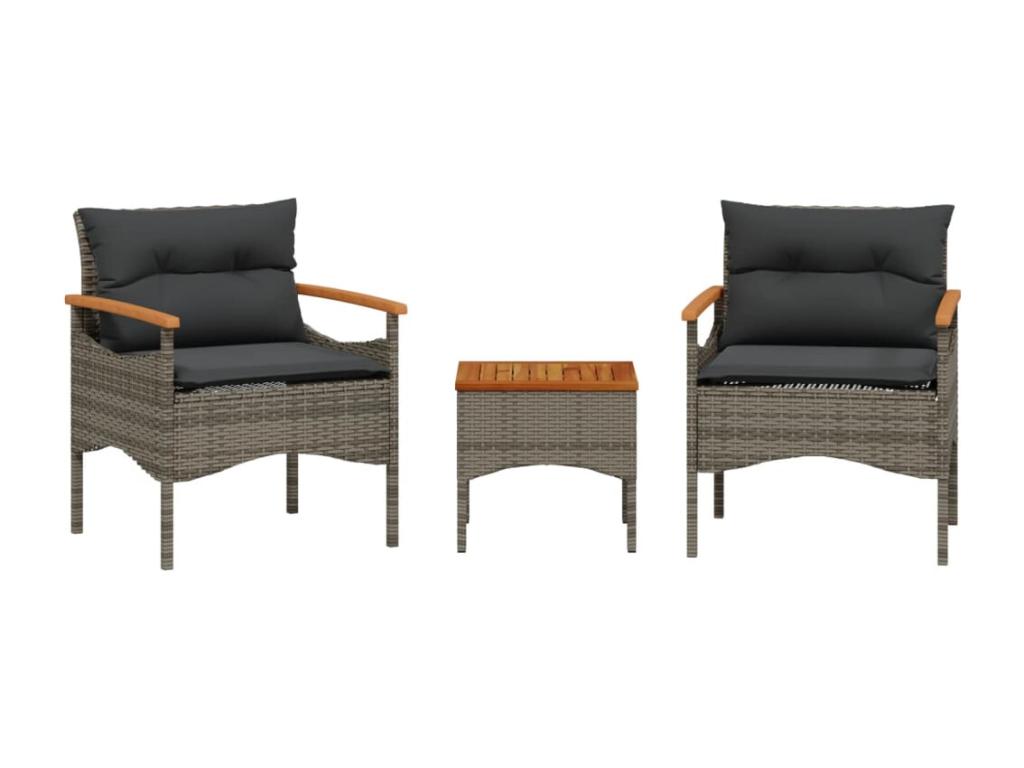 Salon de jardin avec coussins 3 pcs gris résine tressée