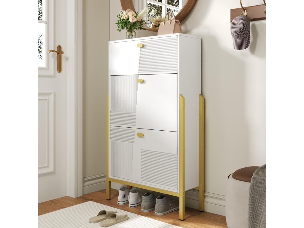 Meuble à chaussures avec 2 portes et 1 tiroir - 65x25x120,5 cm - Poignées et pieds dorés - Panneaux de particules - Blanc