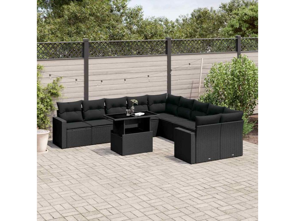 Salon de jardin 11 pcs avec coussins noir résine tressée