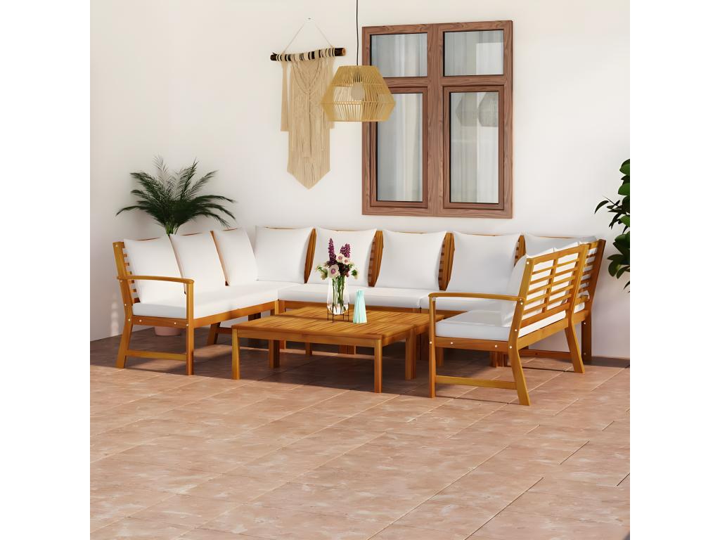 Salon de jardin 9 pcs avec coussin Crème Bois d'Homelumiere solide
