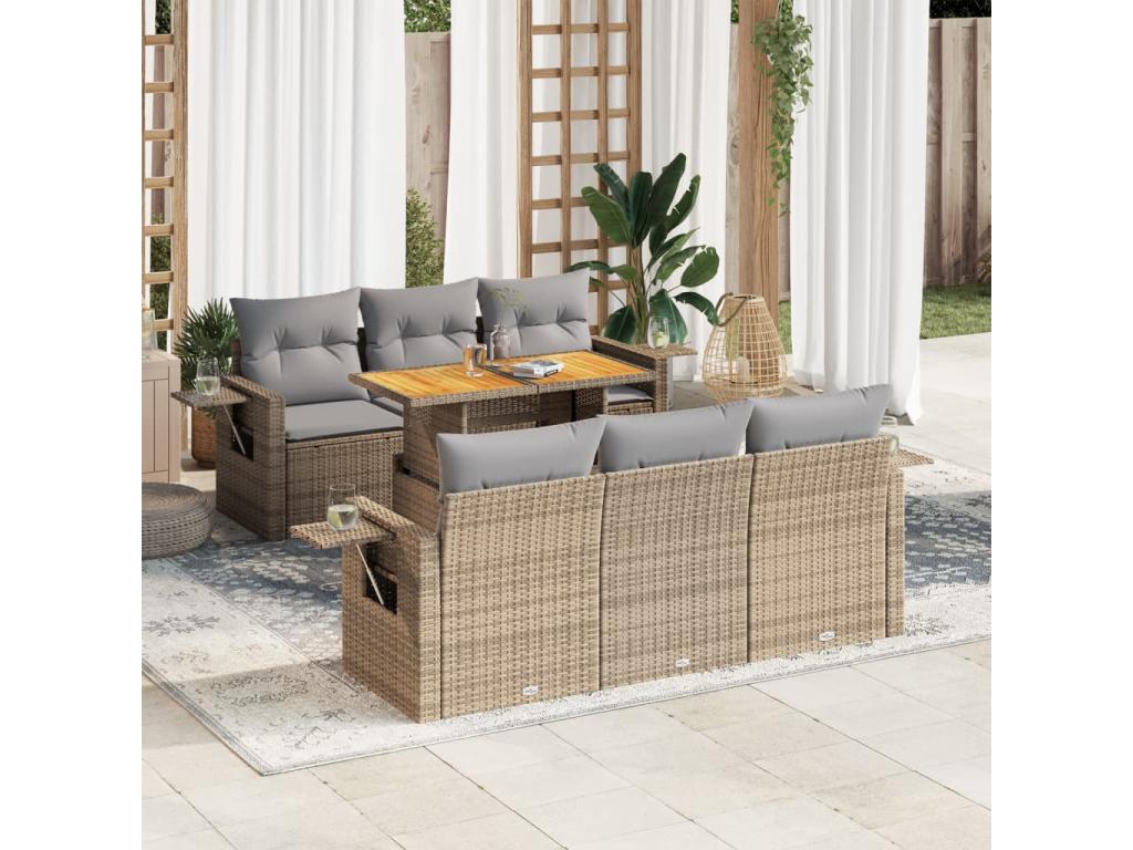 Salon de jardin avec coussins 7 pièces beige résine tressée