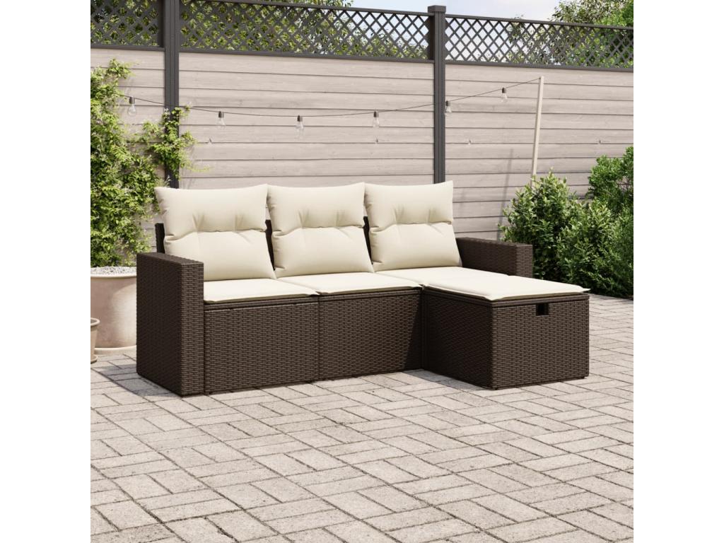 Salon de jardin 4 pcs avec coussins marron résine tressée