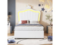 Lit coffre 90x200 cm avec tête de lit réglable et éclairage LED - simili cuir - motif couronne - blanc sans matelas