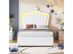 Lit coffre 90x200 cm avec tête de lit réglable et éclairage LED - simili cuir - motif couronne - blanc sans matelas