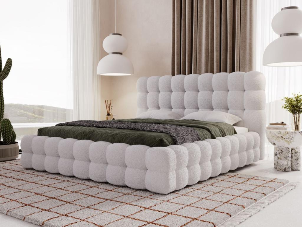 Lit rembourré avec rangement - 160x200 - lit double - bouclé - gris - Homelumiere