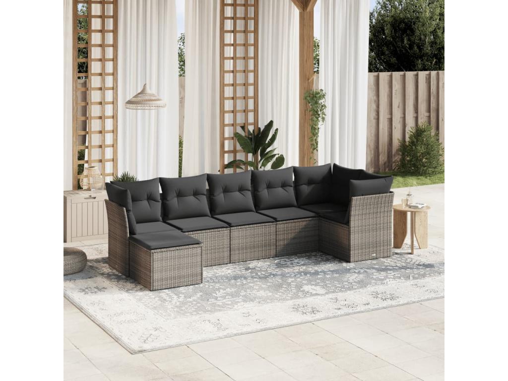 Salon de jardin avec coussins 7 pcs gris résine tressée