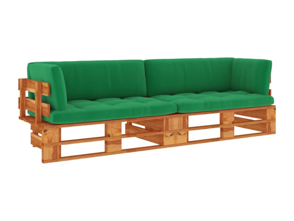 Canapé palette 2 places et coussins Pin imprégné de marron miel