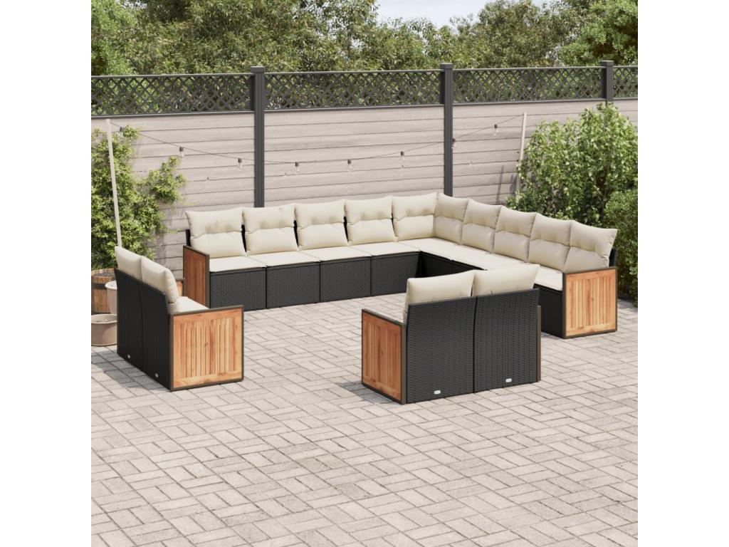 Salon de jardin avec coussins 13 pcs noir résine tressée