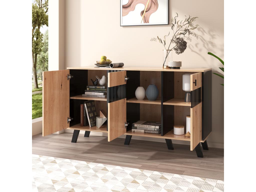 Buffet bas - Décor chêne Homelumiere et noir - 3 Portes en verre et panneaux de particules - L 140 x H 78 x P 41 cm