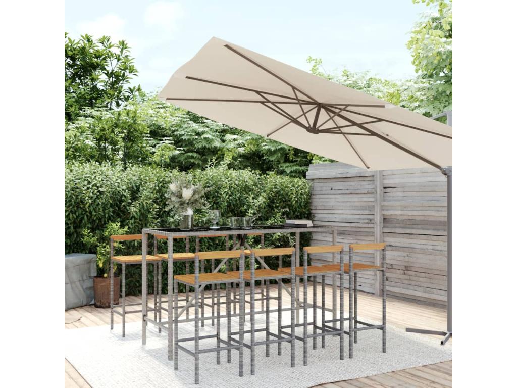 Ensemble de bar jardin 9 mcx gris poly rotin-bois massif Homelumiere