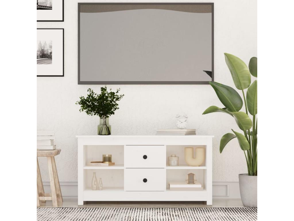 Meuble TV Blanc 103x36,5x52 cm Bois de pin massif
