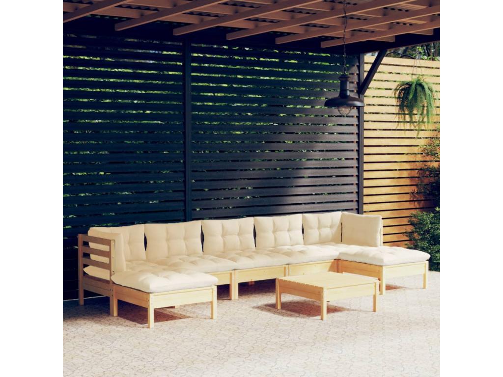 Salon de jardin 8 pièces avec coussins crème bois de pin