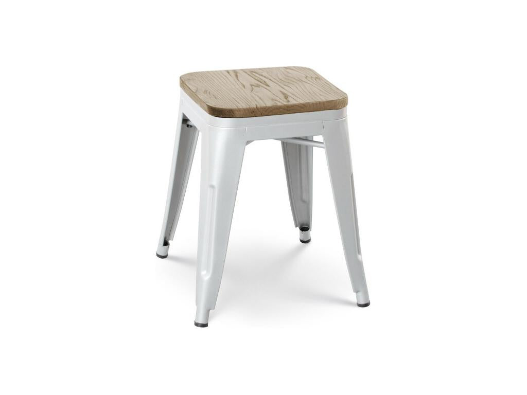 Lot de 4 tabourets en métal blanc mat style industriel et assise en bois clair - Hauteur 46 cm