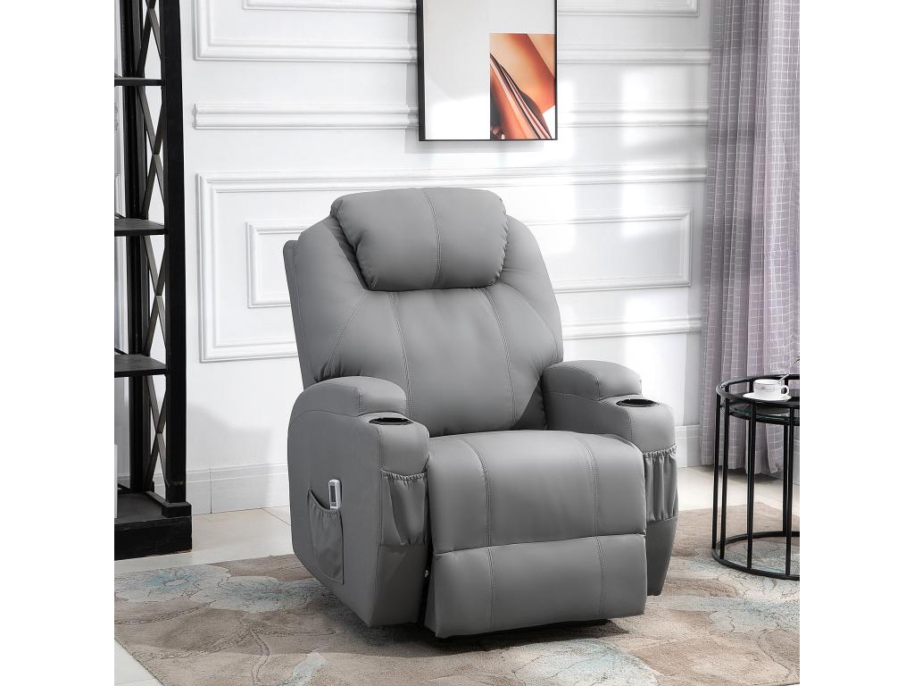 Fauteuil luxe de relaxation et massage inclinaison dossier repos-pied électrique revêtement synthétique gris