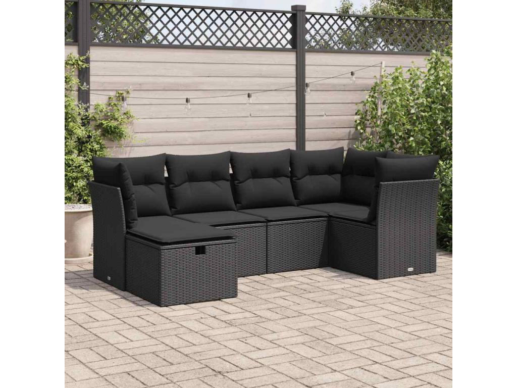 Salon de jardin 6 pièces avec coussins noir résine tressée
