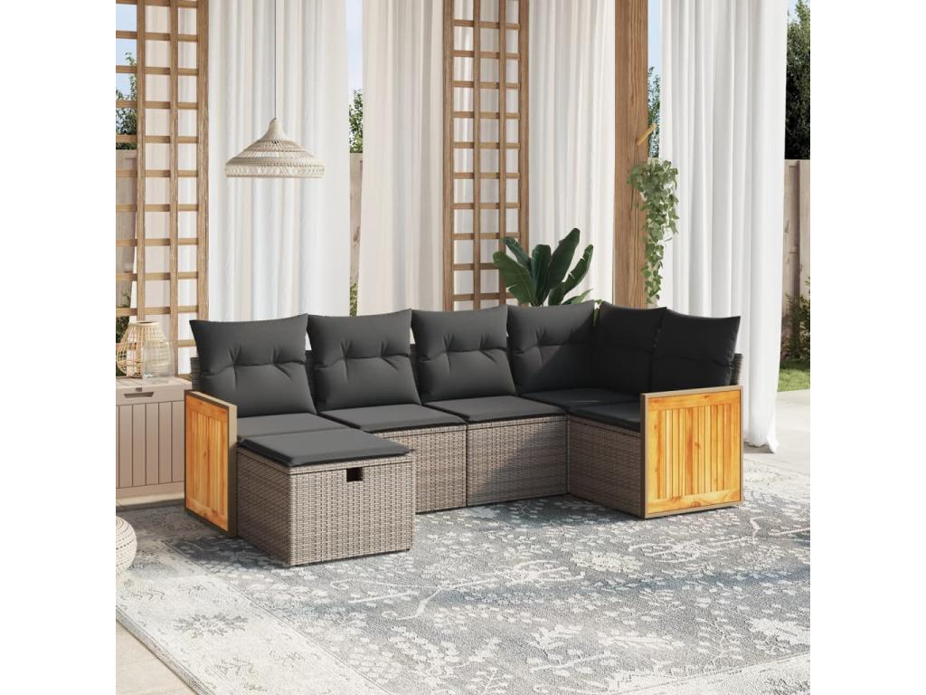 Salon de jardin 6 pièces avec coussins gris résine tressée