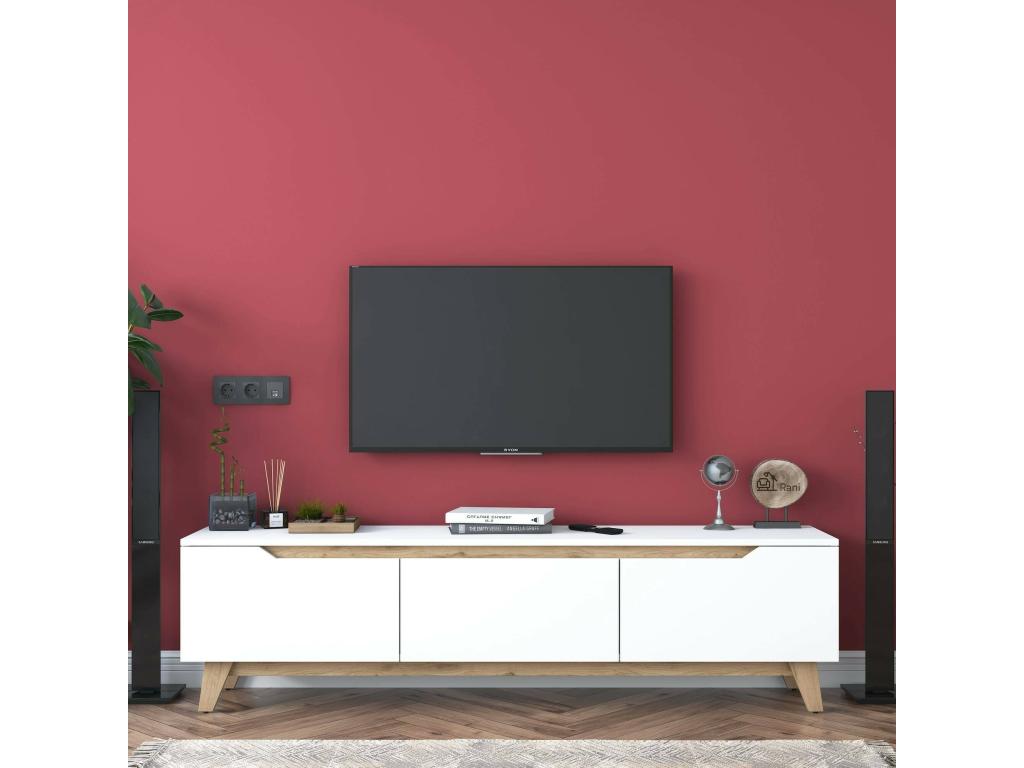 Meuble TV Cor Buffet de salon Armoire basse pour TV Base murale de rangement 180x35h49 cm Blanc et Noyer