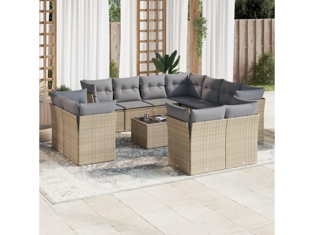 Salon de jardin avec coussins 12 pcs beige résine tressée