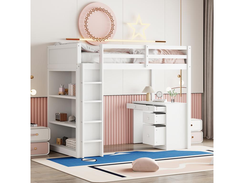 Lit mezzanine 90x200 cm avec bureau étagères de rangement tiroirs et échelle bois MDF blanc