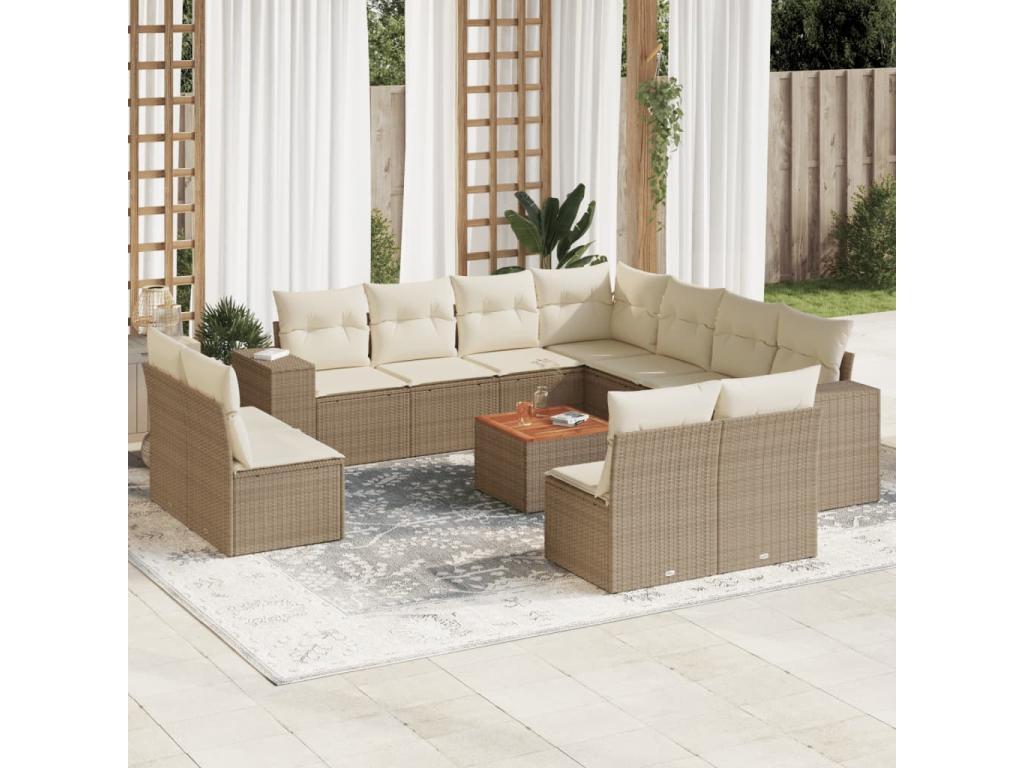 Salon de jardin avec coussins 12 pièces beige résine tressée