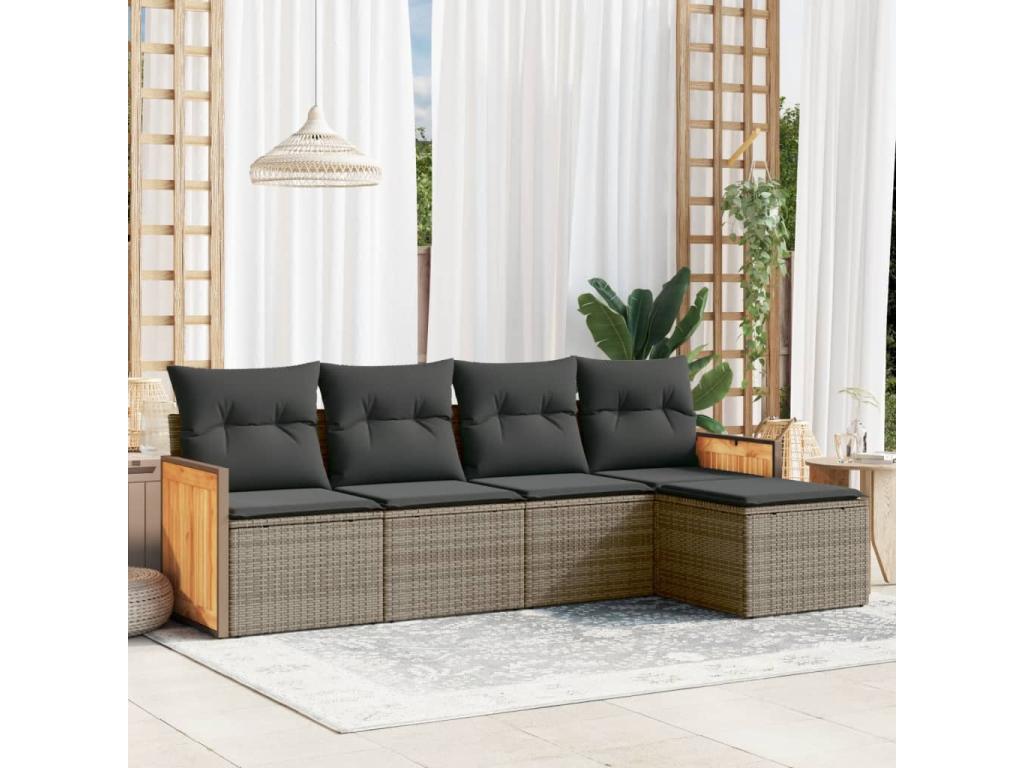 Salon de jardin 5 pièces avec coussins gris résine tressée