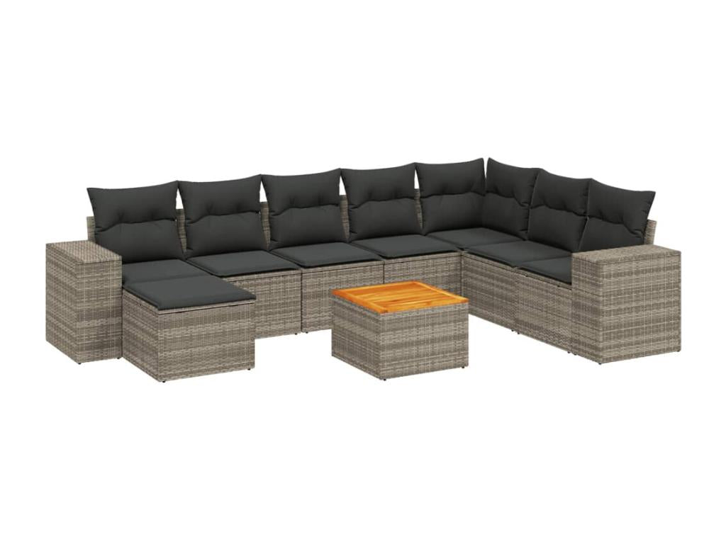 Salon de jardin 9 pcs avec coussins gris résine tressée