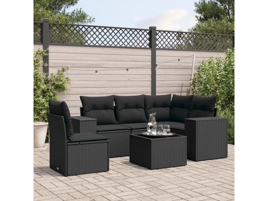 Salon de jardin 6 pcs avec coussins noir résine tressée