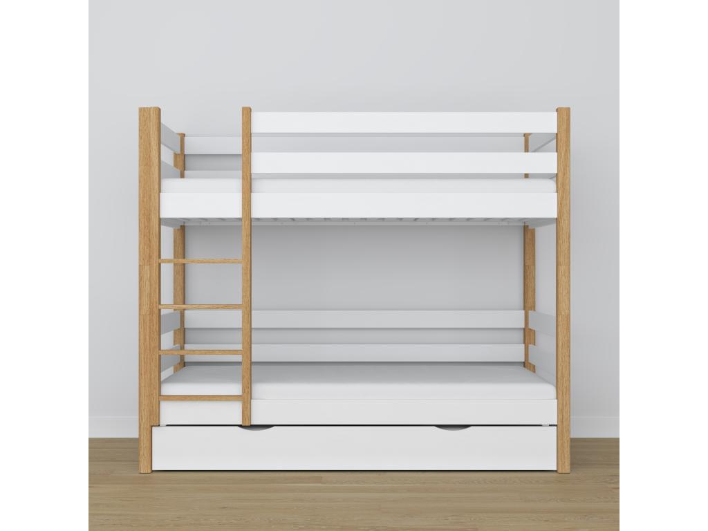 Lit superposé en bois - avec tiroir pour matelas N01 Blanc / Chêne Naturel 90x190 52720HSGS