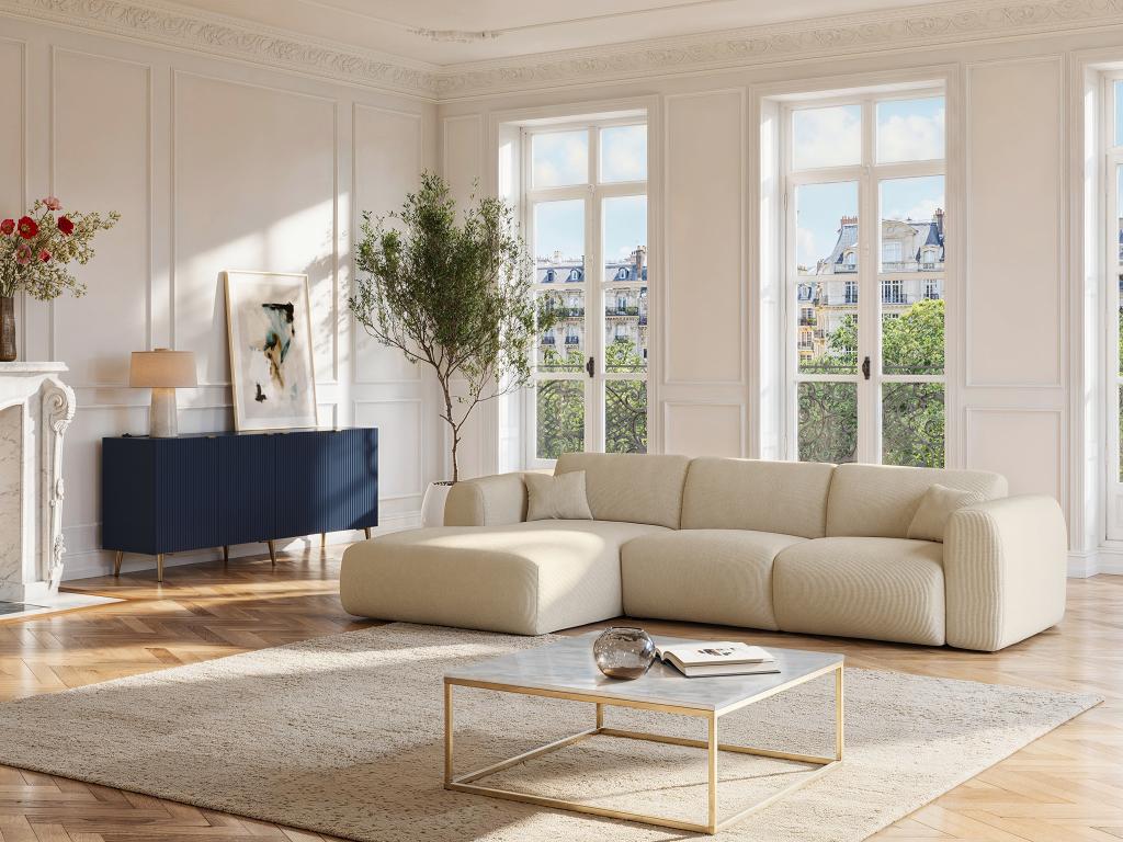 Grand canapé d'angle gauche en tissu texturé beige Homelumiere