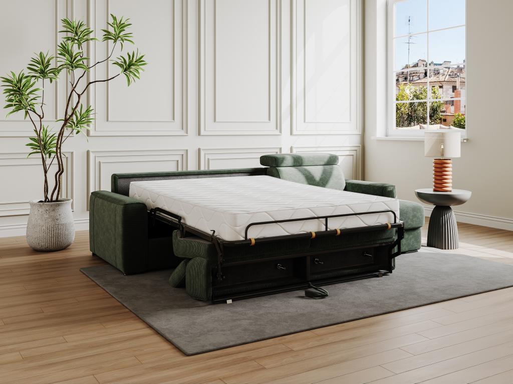 Canapé d'angle réversible convertible express en velours tricoté vert - Couchage à Homelumiere larges 140 cm - Matelas 14 cm - Homelumiere