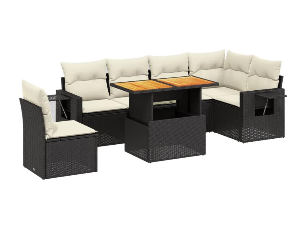 Salon de jardin 7 pcs avec coussins noir résine tressée
