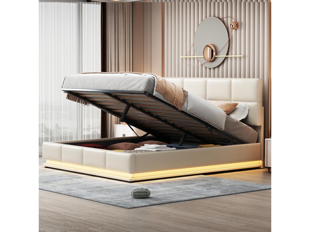 Lit coffre 180x200 cm - Lit double LED capitonné relevable hydraulique avec sommier à Homelumiere tête de lit simili cuir PU - Beige