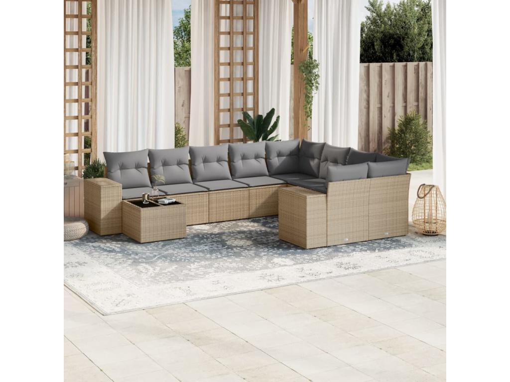 Salon de jardin avec coussins 10 pièces beige résine tressée